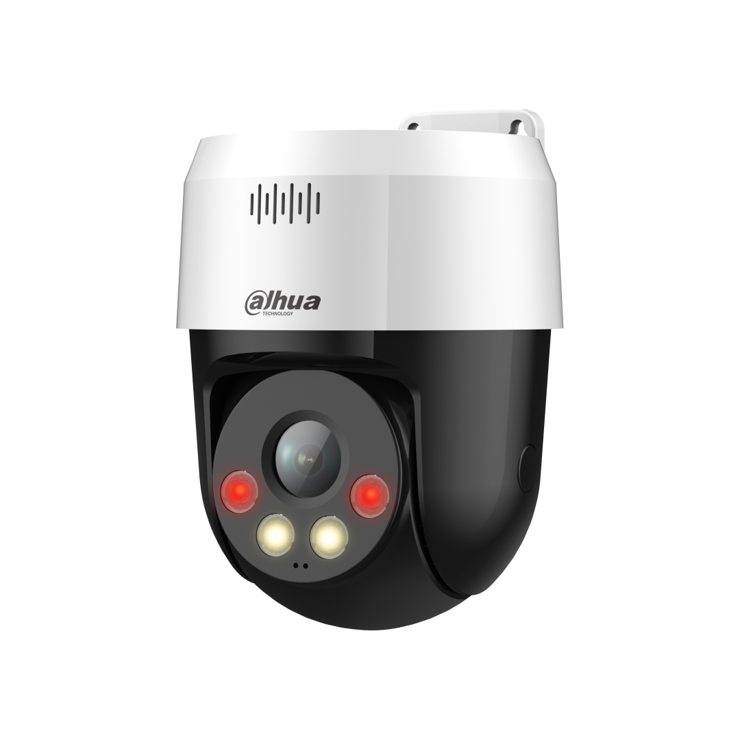Witte Dahua 5MP mini PT dome camera met zwart draaibaar gedeelte, Smart Dual Light en ingebouwde speaker voor alarm.