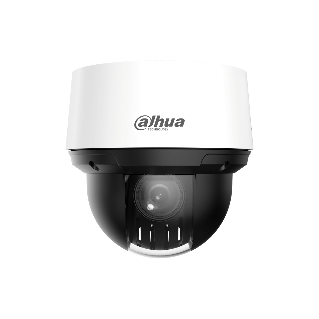 Witte Dahua 2MP PTZ speed dome camera met zwarte lensbehuizing en 16x optische zoom voor professionele buitenbewaking.