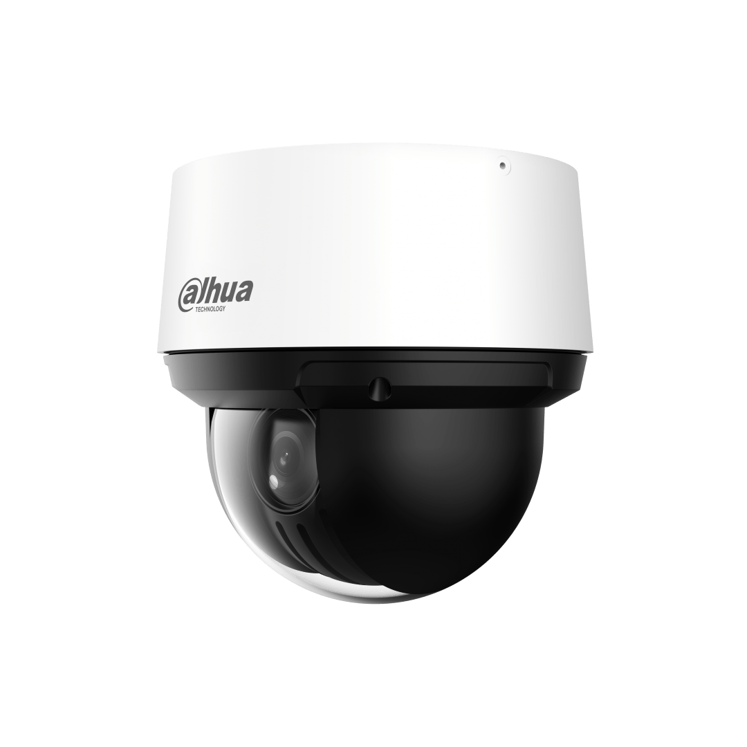 Witte Dahua WizSense PTZ-camera met zwarte koepel, 25x optische zoomlens en compact design voor buitenbewaking.