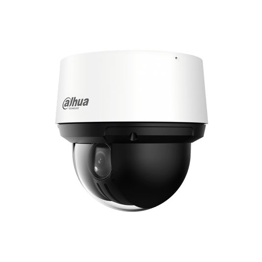 Witte Dahua WizSense PTZ-camera met zwarte koepel, 25x optische zoomlens en compact design voor buitenbewaking.