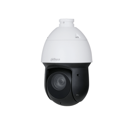 Dahua WizSense PTZ-camera met wit-zwarte behuizing, 25x optische zoomlens en compact koepelontwerp voor buiten.