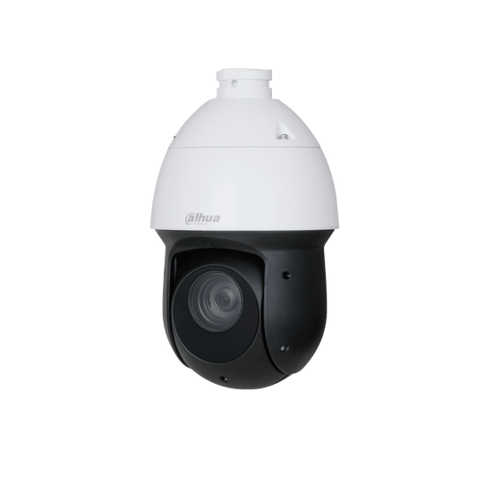 Dahua WizSense PTZ-camera met wit-zwarte behuizing, 25x optische zoomlens en compact koepelontwerp voor buiten.