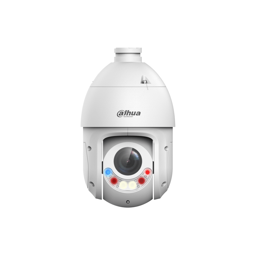 Witte Dahua TiOC PTZ-beveiligingscamera met 25x zoom, actieve afschrikking en rood-blauwe verlichting.
