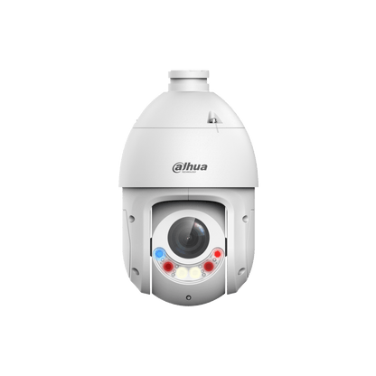 Witte Dahua TiOC PTZ-beveiligingscamera met 25x zoom, actieve afschrikking en rood-blauwe verlichting.