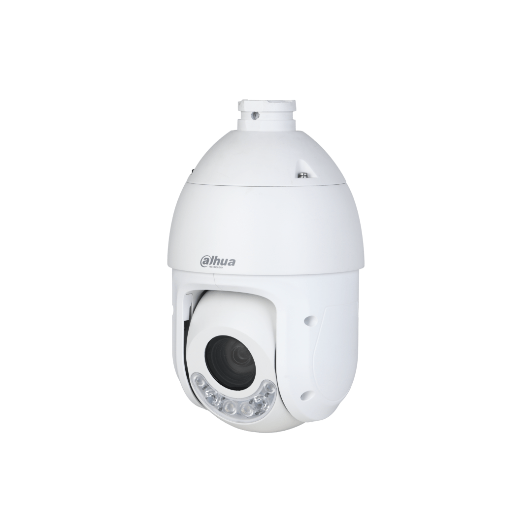 Witte Dahua TiOC PTZ-beveiligingscamera met 4MP lens, 25x optische zoom en ingebouwde LED-verlichting voor buiten.