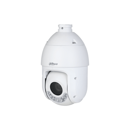 Witte Dahua TiOC PTZ-beveiligingscamera met 4MP lens, 25x optische zoom en ingebouwde LED-verlichting voor buiten.