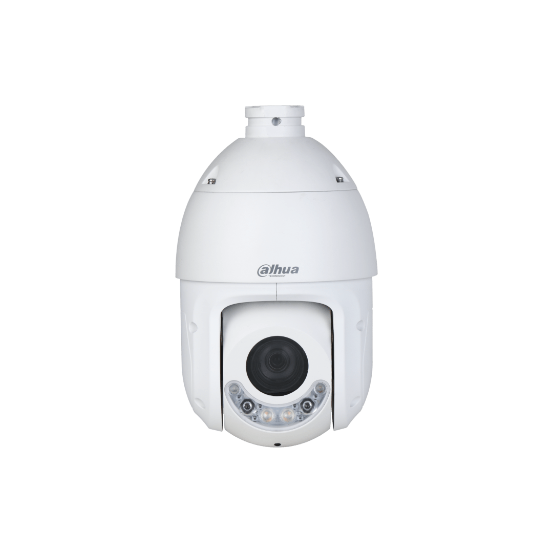 Witte Dahua WizSense TiOC PTZ-camera met 25x optische zoom en ingebouwde verlichting voor buitenbeveiliging.