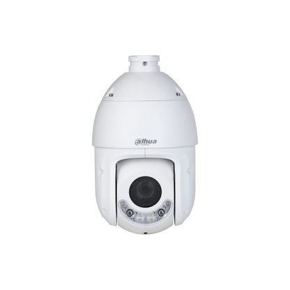 Witte Dahua WizSense TiOC PTZ-camera met 25x optische zoom en ingebouwde verlichting voor buitenbeveiliging.
