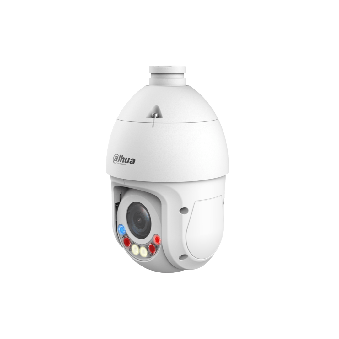 Witte Dahua TiOC PTZ-beveiligingscamera met 25x optische zoom, actieve afschrikking en ingebouwde rood-blauwe verlichting.