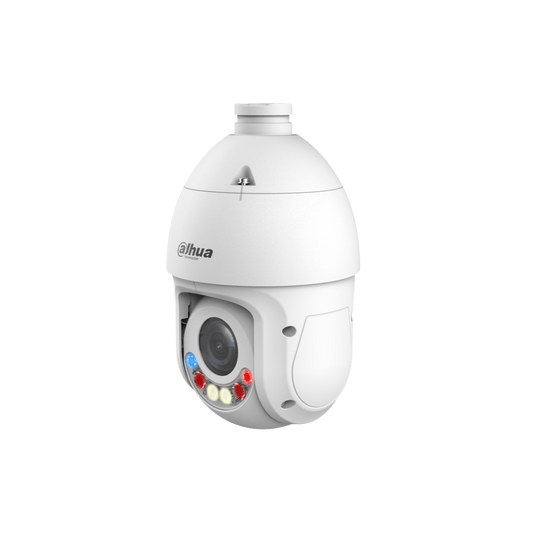 Witte Dahua TiOC PTZ-beveiligingscamera met 25x optische zoom, actieve afschrikking en ingebouwde rood-blauwe verlichting.