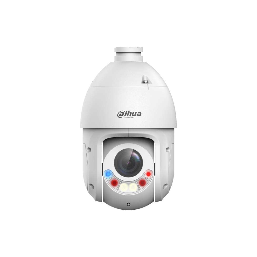 Witte Dahua 8MP 4K TiOC PTZ-beveiligingscamera met 25x optische zoom, actieve afschrikking en ingebouwde verlichting.