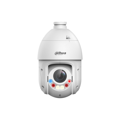 Witte Dahua 8MP 4K TiOC PTZ-beveiligingscamera met 25x optische zoom, actieve afschrikking en ingebouwde verlichting.