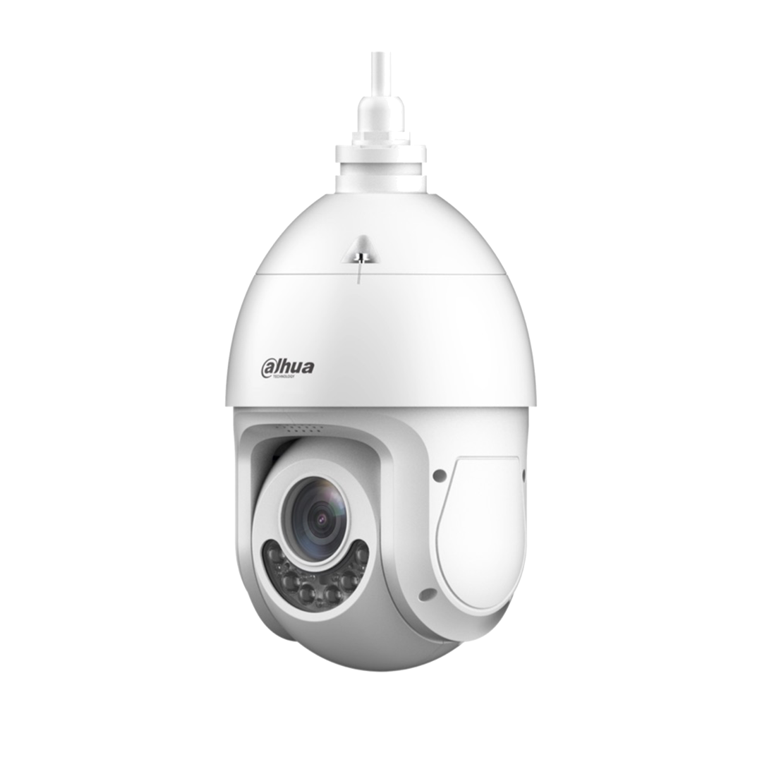 Witte Dahua 8MP 4K TiOC PTZ-beveiligingscamera met 25x optische zoom en actieve afschrikkingsverlichting.