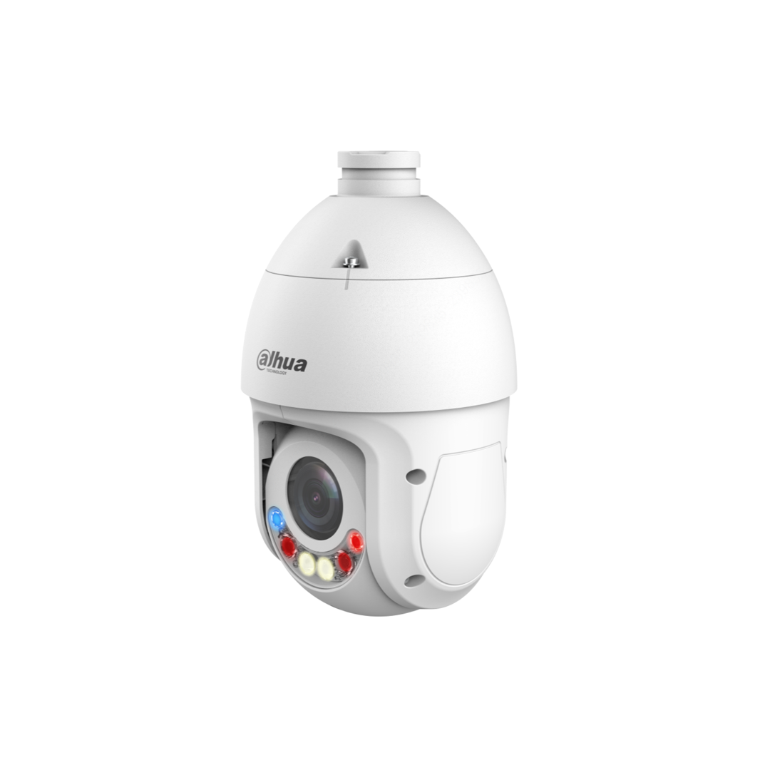 Witte Dahua 8MP 4K TiOC PTZ-beveiligingscamera met 25x optische zoom en rood-blauwe actieve afschrikkingsverlichting.