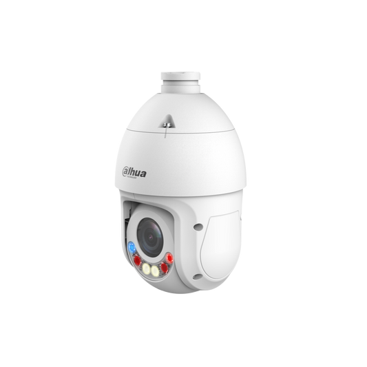 Witte Dahua 8MP 4K TiOC PTZ-beveiligingscamera met 25x optische zoom en rood-blauwe actieve afschrikkingsverlichting.