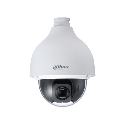 Witte Dahua WizSense PTZ speeddome camera met een zwarte glazen lensbehuizing voor professionele videobewaking.