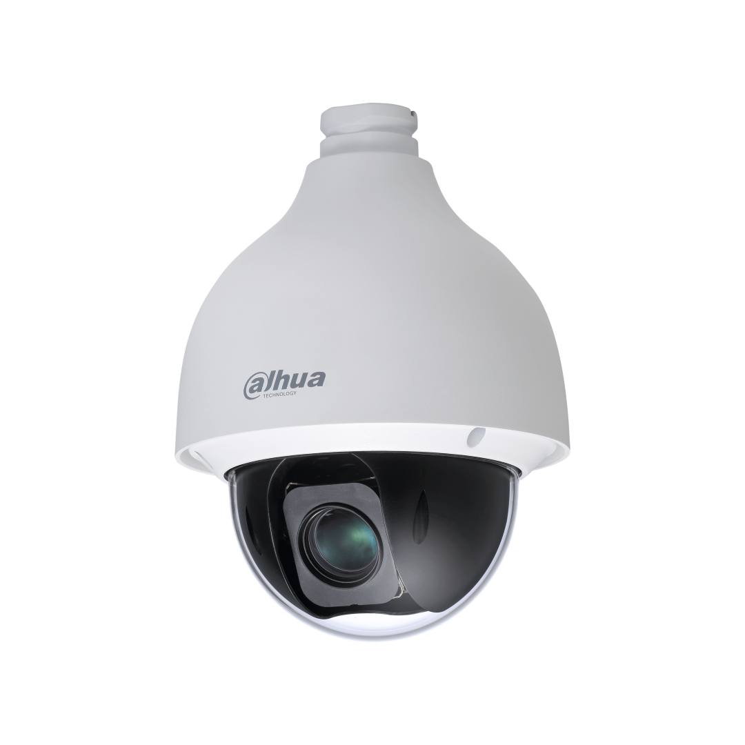 Witte Dahua WizSense PTZ speeddome camera met zwarte lensbol en 25x optische zoom voor professionele bewaking.