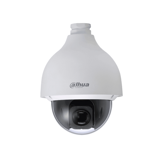 Witte Dahua WizSense PTZ speeddome camera met 32x optische zoom en transparante glazen koepel op witte achtergrond.