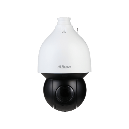 Dahua WizSense PTZ-camera met witte behuizing en zwarte draaibare lens voor buitenbeveiliging.