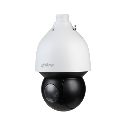 Witte Dahua PTZ-camera met zwarte lensbehuizing, 45x optische zoom en IR-verlichting voor buitenbeveiliging.