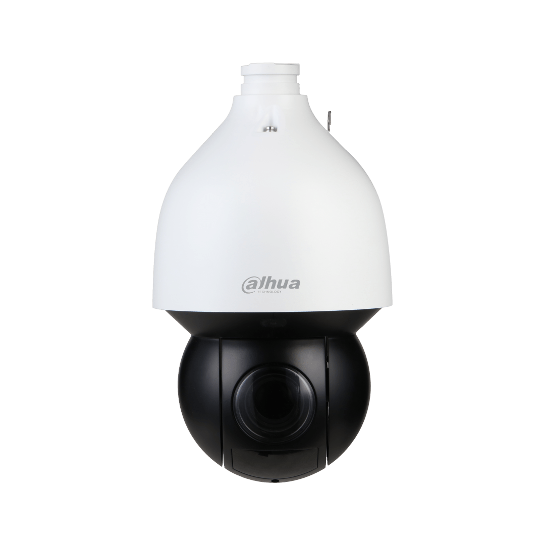 Dahua 4K PTZ-beveiligingscamera met witte behuizing, zwarte draaibare lens en 25x optische zoom op witte achtergrond.