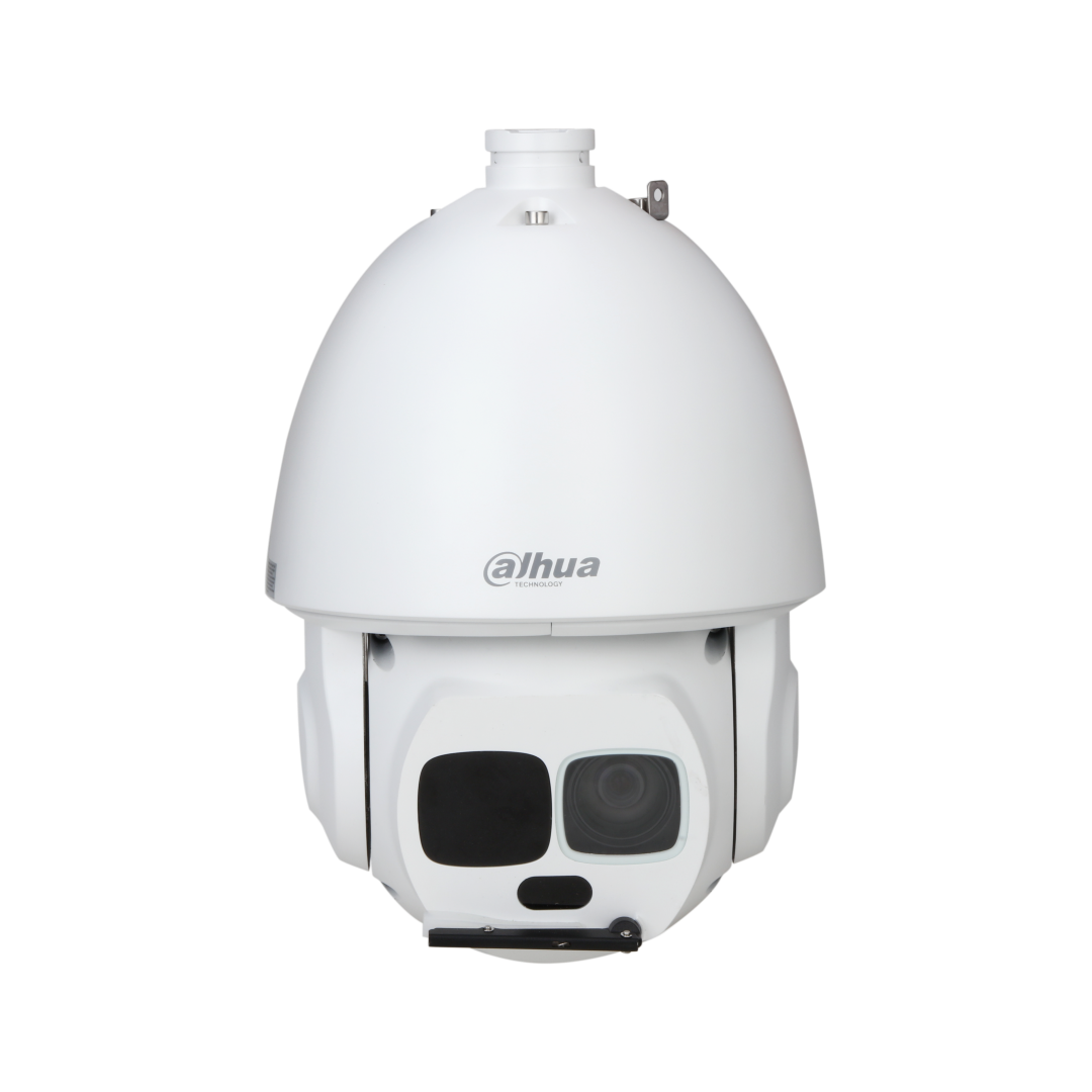 Witte Dahua WizMind PTZ-camera met 45x zoom, IR-verlichting en ingebouwde ruitenwisser voor professionele bewaking.