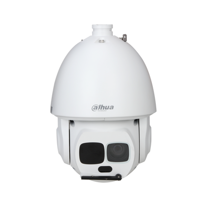 Witte Dahua WizMind PTZ-camera met 45x zoom, IR-verlichting en ingebouwde ruitenwisser voor professionele bewaking.