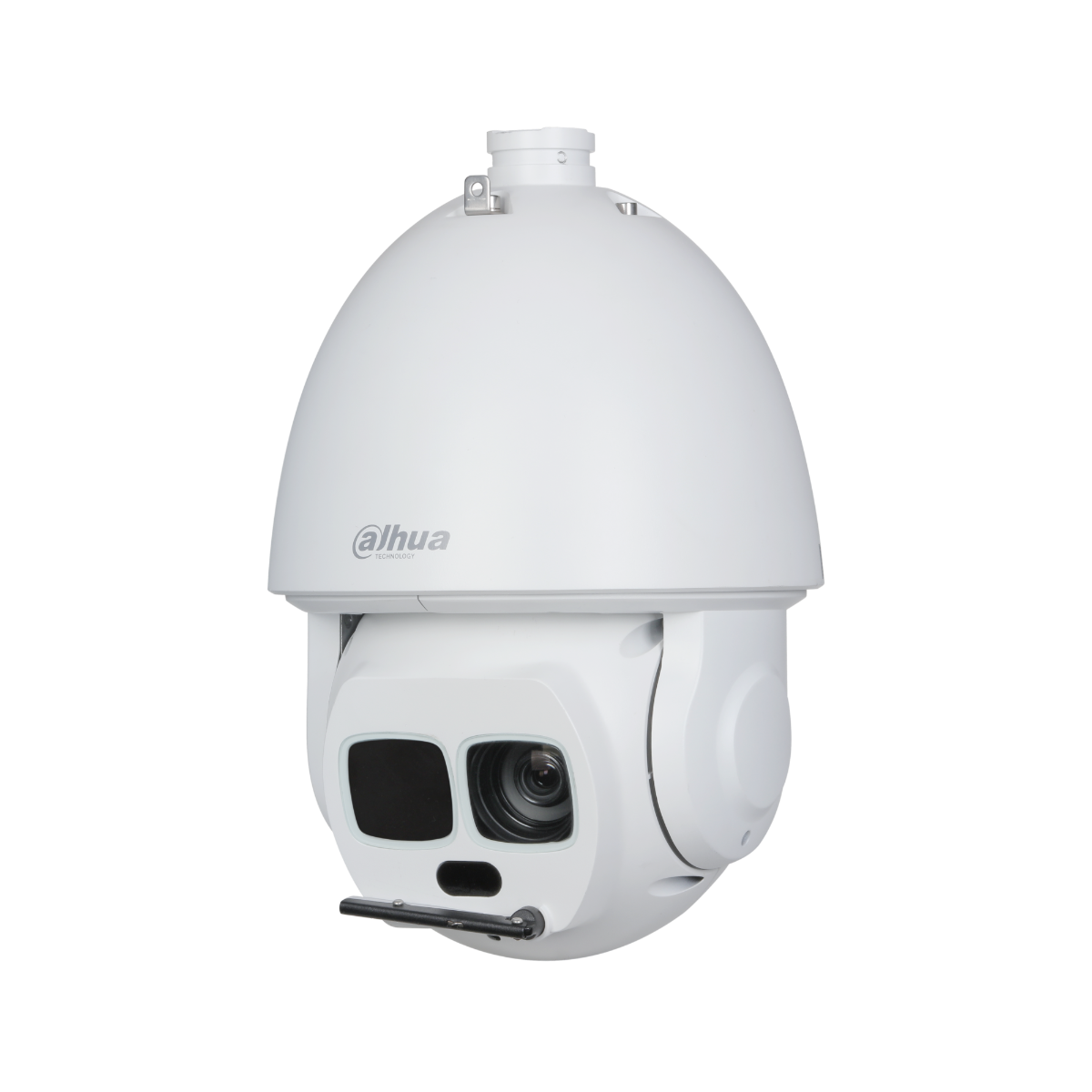Witte Dahua WizMind PTZ-beveiligingscamera met 45x zoom, IR-verlichting en ingebouwde ruitenwisser tegen een witte achtergrond.