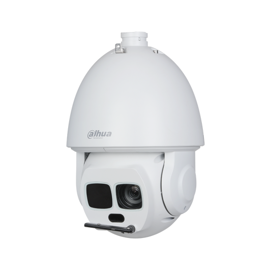 Witte Dahua WizMind PTZ-beveiligingscamera met 45x zoom, IR-verlichting en ingebouwde ruitenwisser tegen een witte achtergrond.