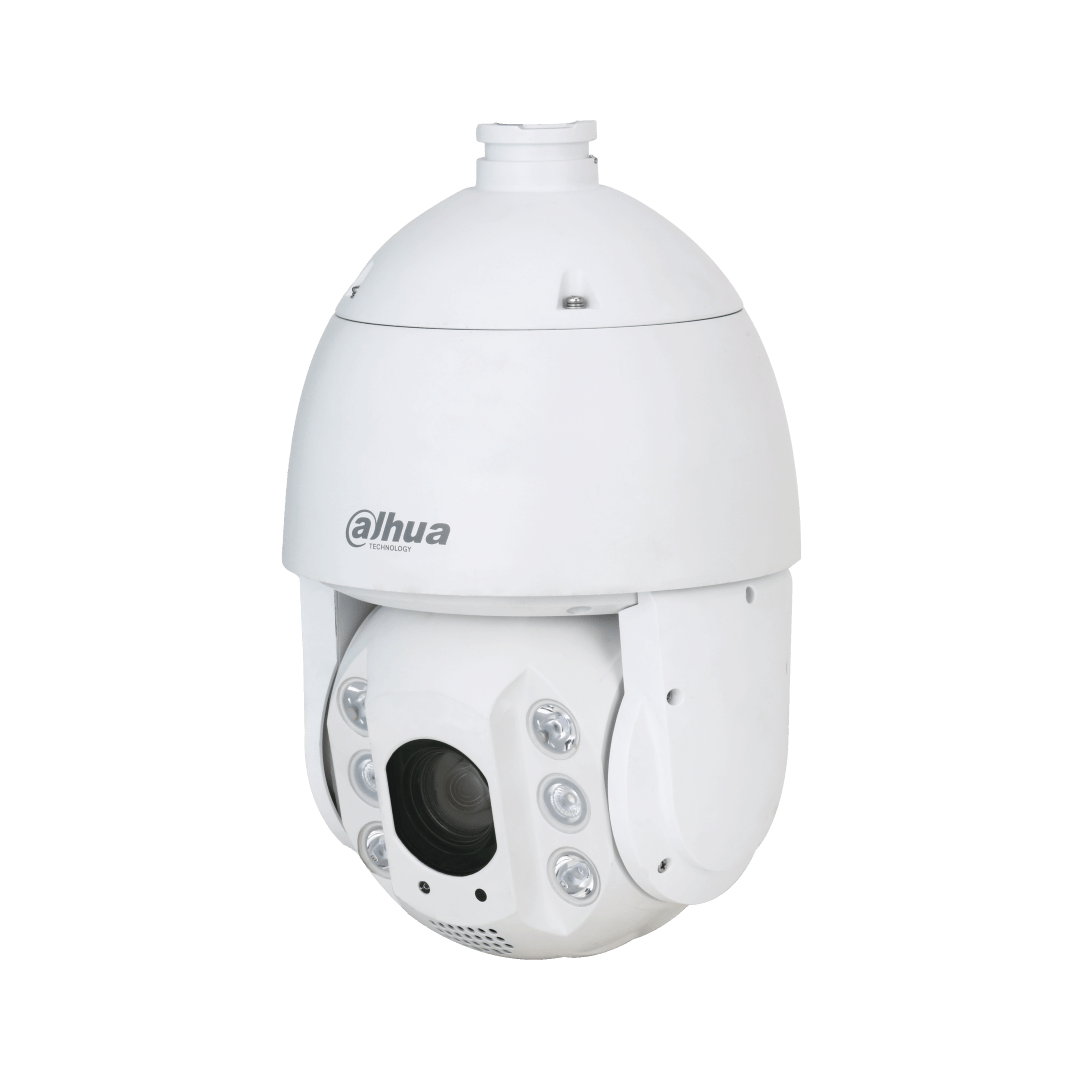 Witte Dahua TiOC PTZ-beveiligingscamera met 25x zoom, ingebouwde verlichting en robuust koepelontwerp voor buiten.