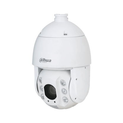 Witte Dahua TiOC PTZ-beveiligingscamera met 25x zoom, ingebouwde verlichting en robuust koepelontwerp voor buiten.