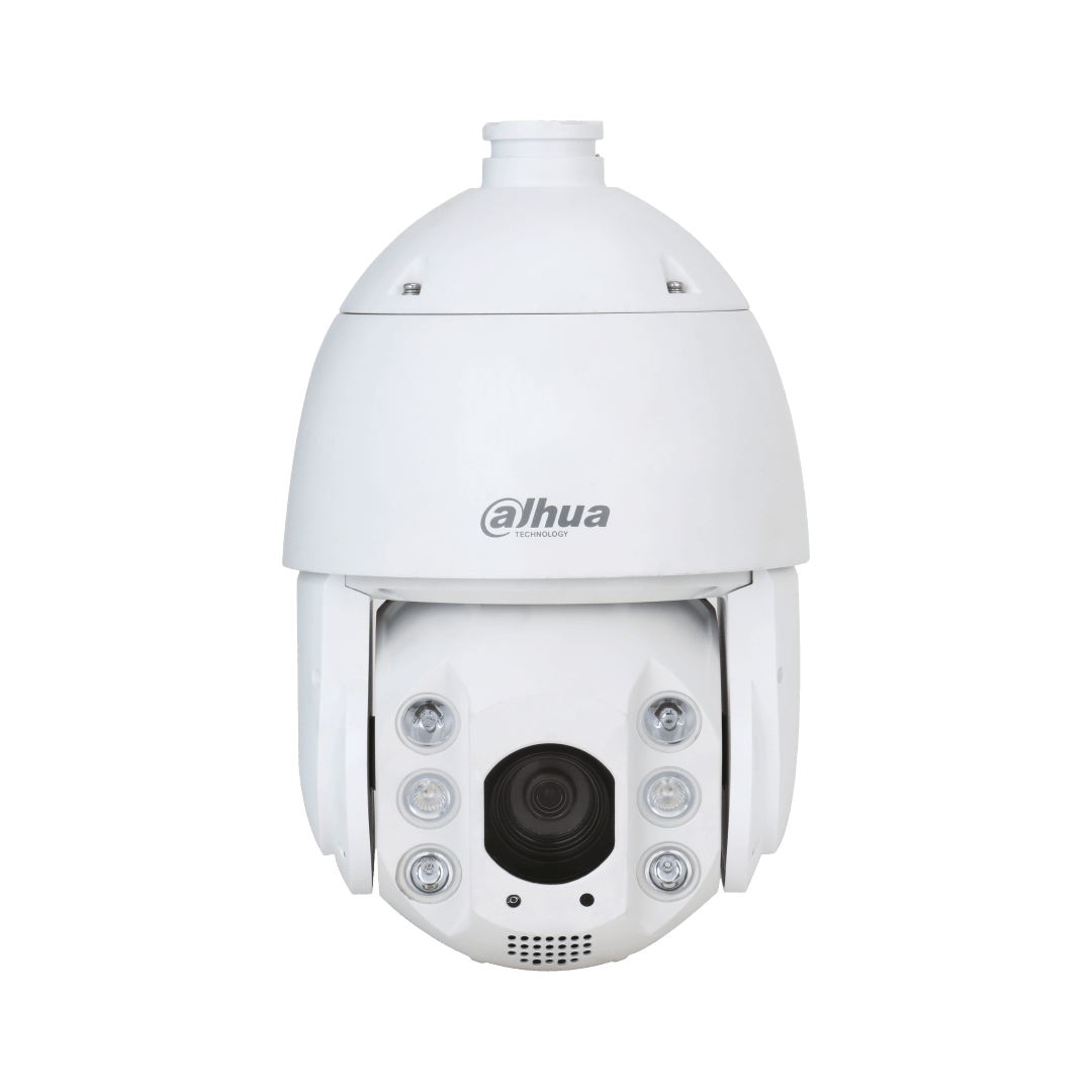 Witte Dahua TiOC PTZ-beveiligingscamera met 25x zoom, LED-verlichting en actieve afschrikkingsfuncties.