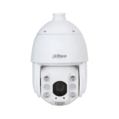 Witte Dahua TiOC PTZ-beveiligingscamera met 25x zoom, LED-verlichting en actieve afschrikkingsfuncties.