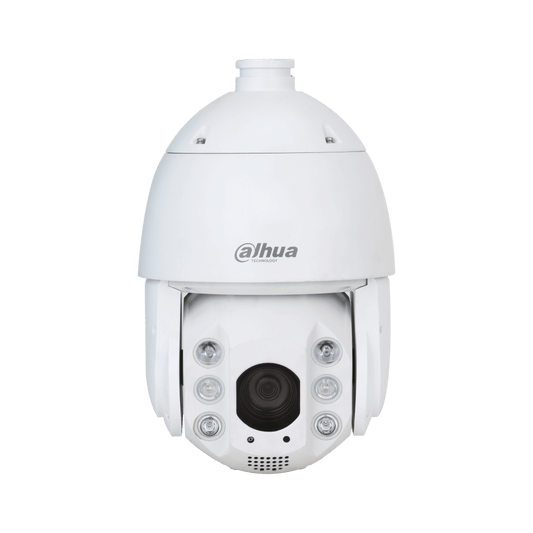 Witte Dahua TiOC PTZ-beveiligingscamera met 25x zoom, LED-verlichting en actieve afschrikkingsfuncties.