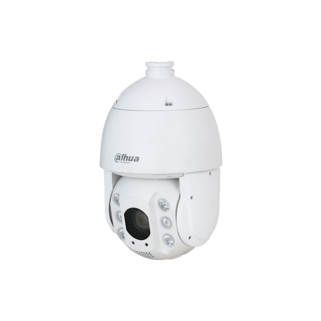 Witte Dahua TiOC PTZ-camera met 32x zoom, lens en ingebouwde verlichting voor buitenbeveiliging.