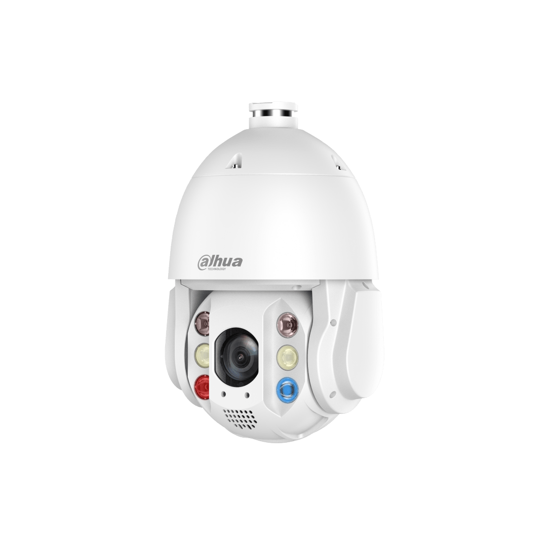 Witte Dahua TiOC PTZ-beveiligingscamera met 32x zoom, Smart Dual Light en ingebouwde 4G-antenne op een witte achtergrond.