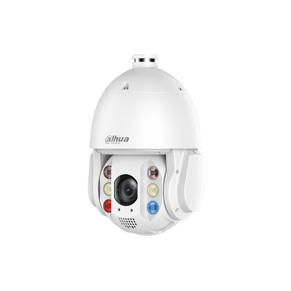 Witte Dahua TiOC PTZ-beveiligingscamera met 32x zoom, Smart Dual Light en ingebouwde 4G-antenne op een witte achtergrond.