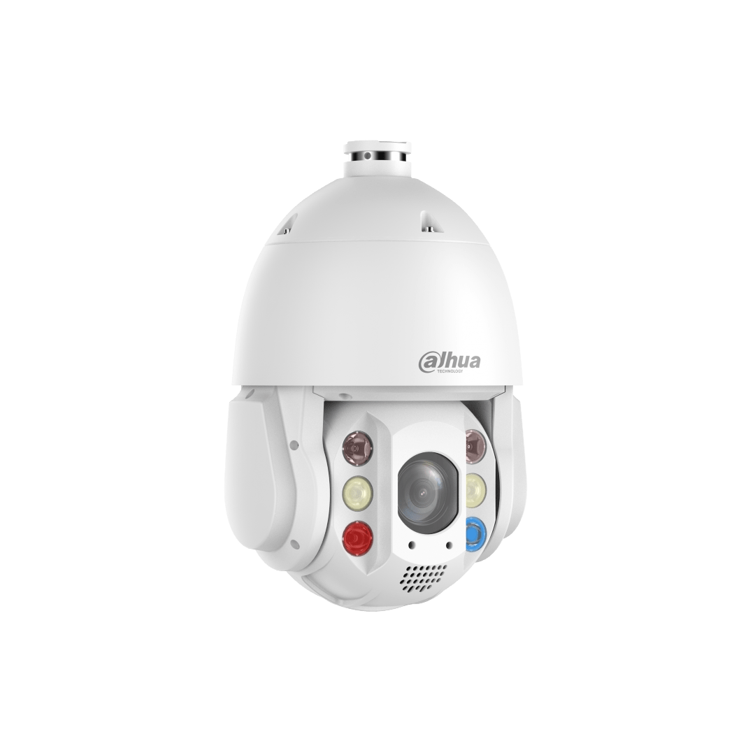 Witte Dahua 4MP TiOC PTZ-beveiligingscamera met 32x zoom, Smart Dual Light en 4G-connectiviteit op een witte achtergrond.