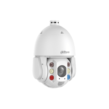 Witte Dahua 4MP TiOC PTZ-beveiligingscamera met 32x zoom, Smart Dual Light en 4G-connectiviteit op een witte achtergrond.
