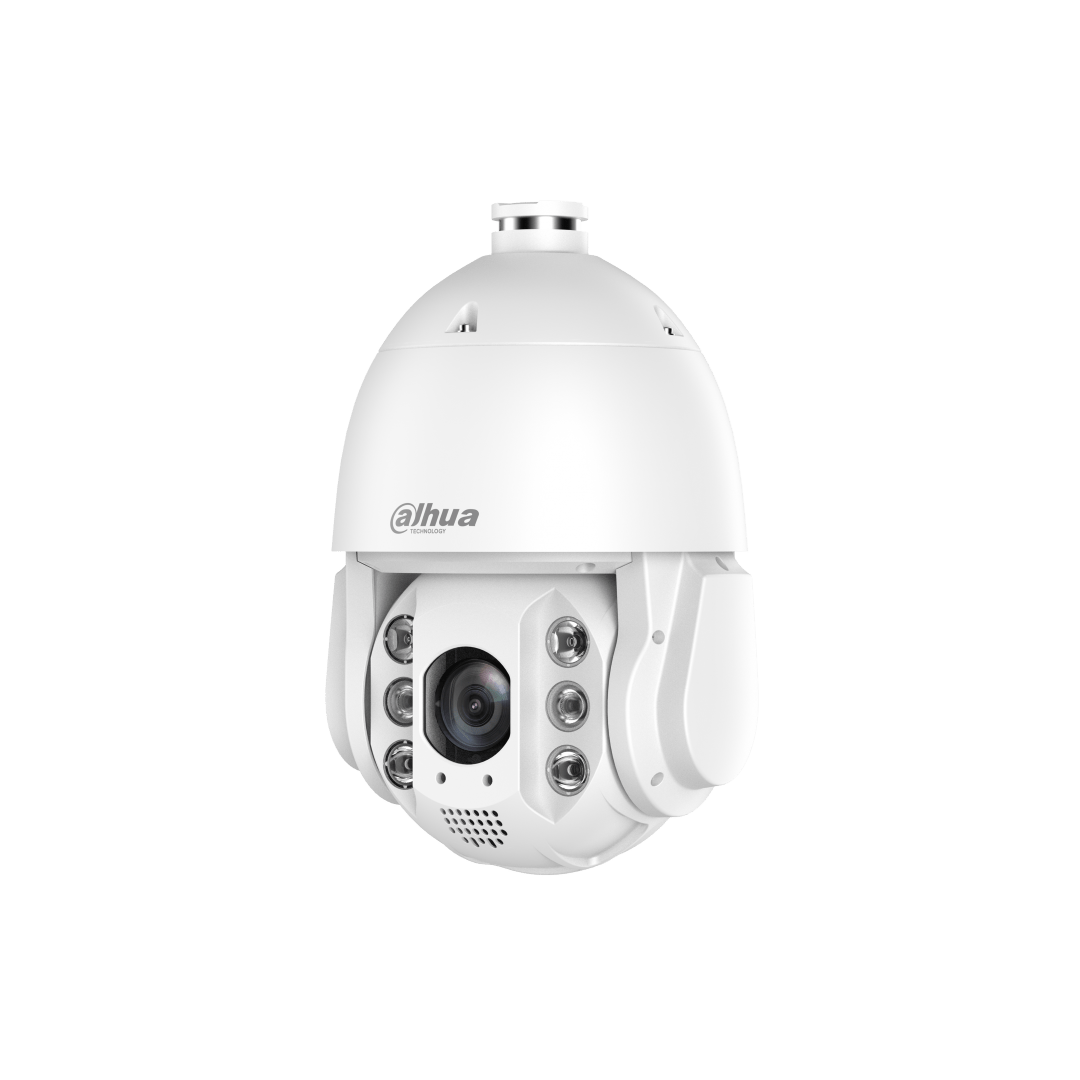 Witte Dahua 4MP TiOC PTZ-domecamera met 32x zoom, Smart Dual Light en 4G-connectiviteit voor professionele beveiliging.