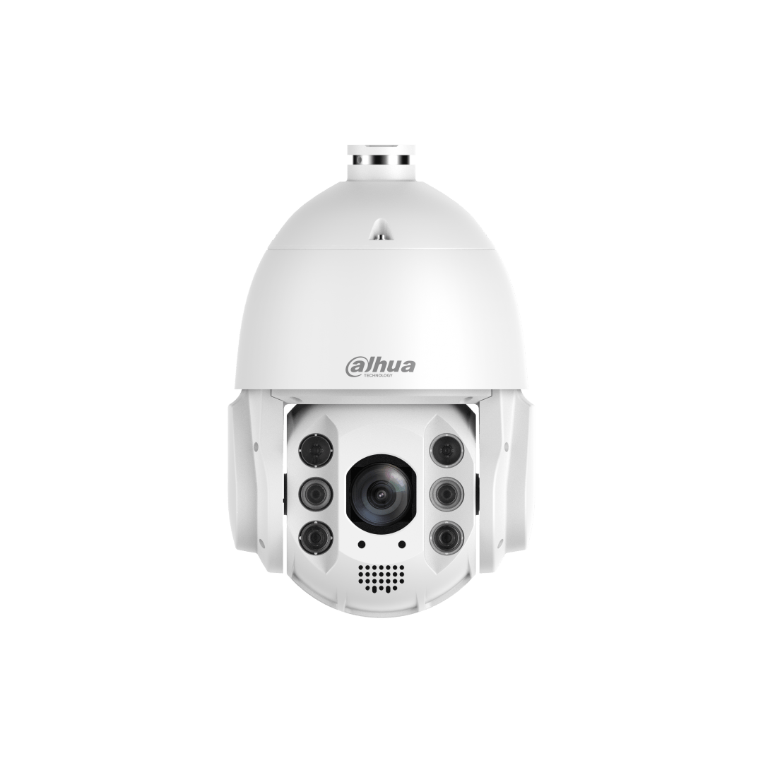 Witte Dahua 4MP TiOC PTZ-domecamera met 32x zoom, Smart Dual Light en robuuste IP66-behuizing voor buitenbeveiliging.