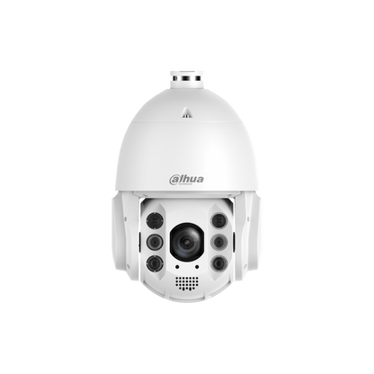 Witte Dahua 4MP TiOC PTZ-domecamera met 32x zoom, Smart Dual Light en robuuste IP66-behuizing voor buitenbeveiliging.
