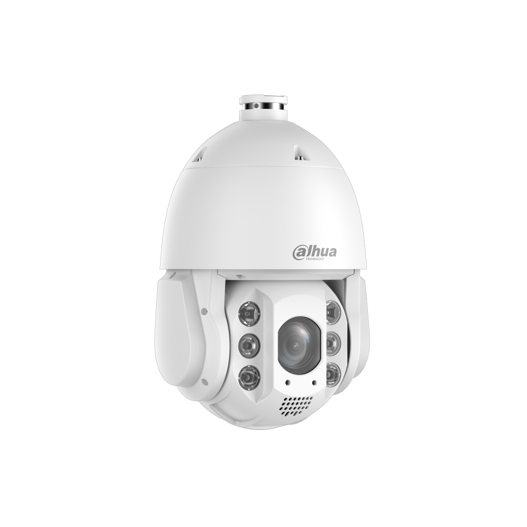 Witte Dahua 4MP TiOC PTZ-domecamera met 32x zoom, Smart Dual Light en robuust IP66-ontwerp voor buitenbeveiliging.