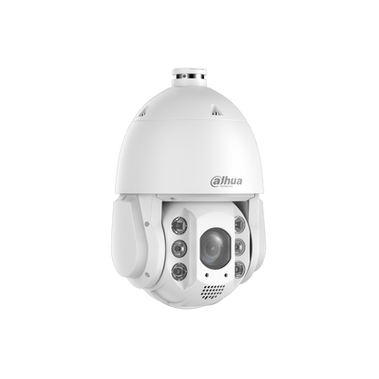 Witte Dahua 4MP TiOC PTZ-domecamera met 32x zoom, Smart Dual Light en robuust IP66-ontwerp voor buitenbeveiliging.