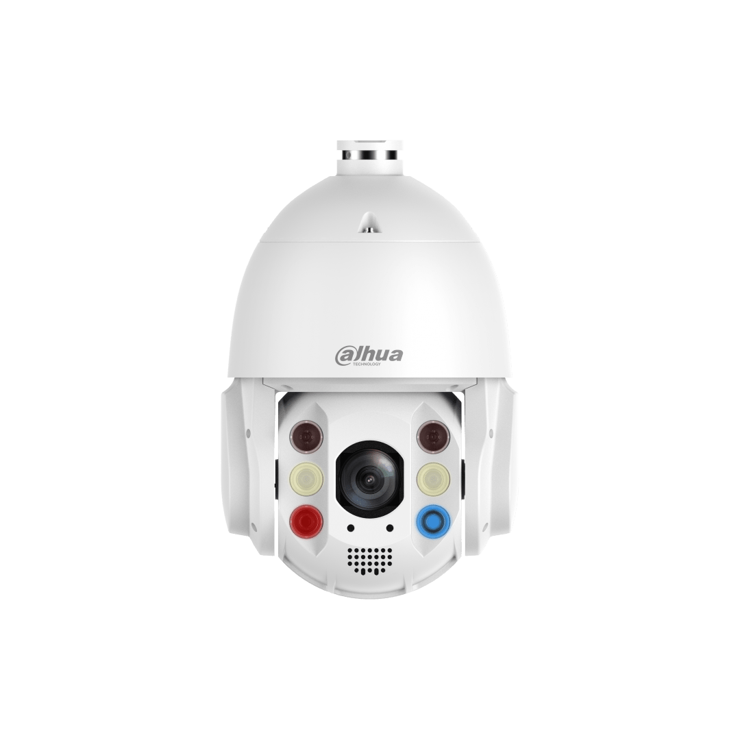 Witte Dahua 4MP TiOC PTZ-beveiligingscamera met 32x zoom, Smart Dual Light en 4G-connectiviteit op een witte achtergrond.