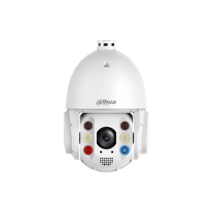 Witte Dahua 4MP TiOC PTZ-beveiligingscamera met 32x zoom, Smart Dual Light en 4G-connectiviteit op een witte achtergrond.