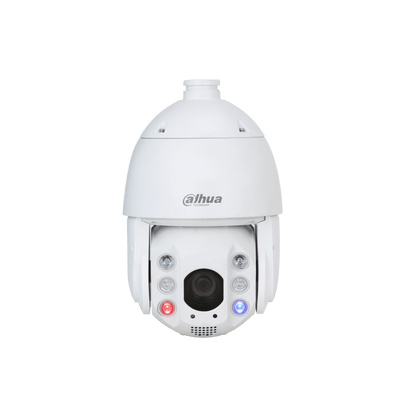 Witte Dahua 8MP 4K WizMind PTZ-camera met 25x zoom, actieve afschrikking en rood-blauwe waarschuwingslichten.