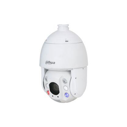Witte Dahua 8MP 4K WizMind PTZ-camera met 25x optische zoom en actieve rood-blauwe afschrikkingsverlichting.