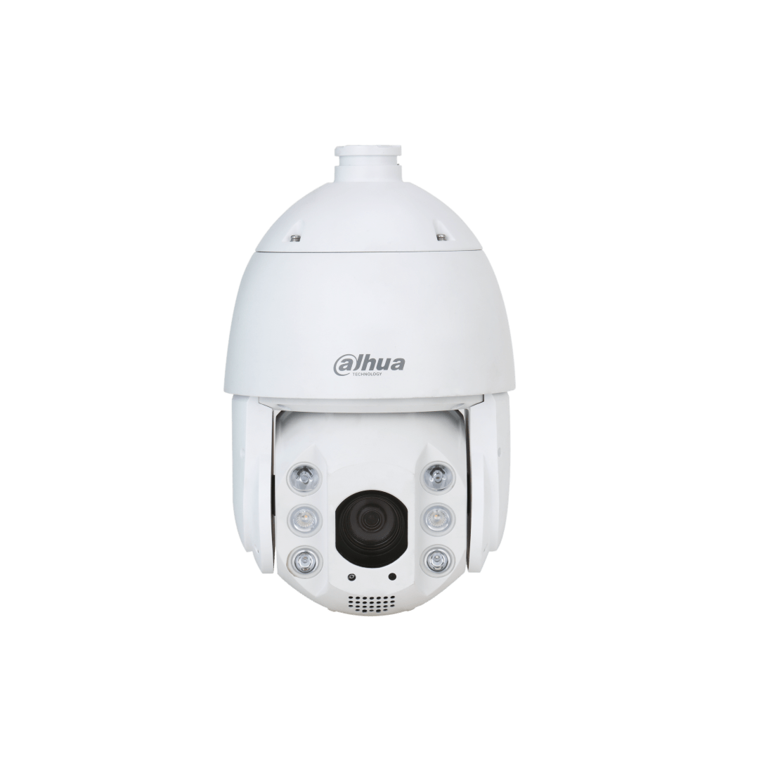 Witte Dahua 8MP 4K WizMind PTZ-beveiligingscamera met 25x optische zoom en geïntegreerde smart dual light-verlichting.