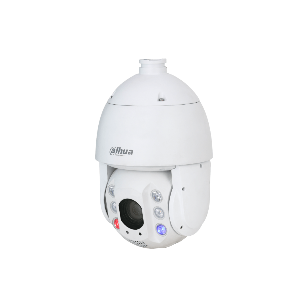 Witte Dahua 8MP 4K PTZ-camera met 25x zoom, actieve afschrikking via rood-blauw licht en robuust koepelontwerp.
